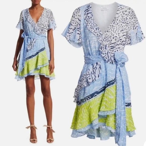 Tanya Taylor Silk Mini Dress patchwork Bianka Animal print Wrap Ruffle Tiered - Picture 1 of 14